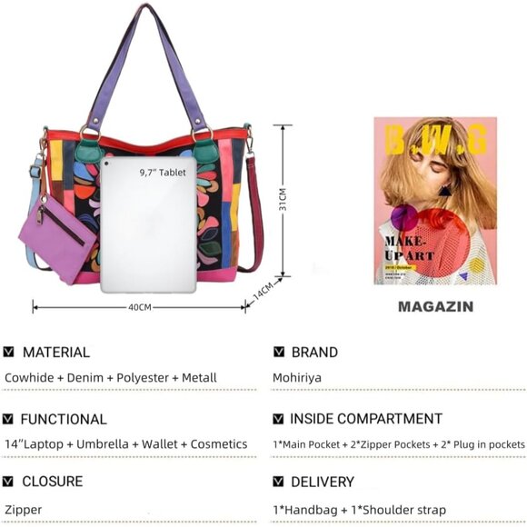 Women Leather Tote Bag Large with Zipper Floral Patchwork Stylish Purse - Picture 6 of 6